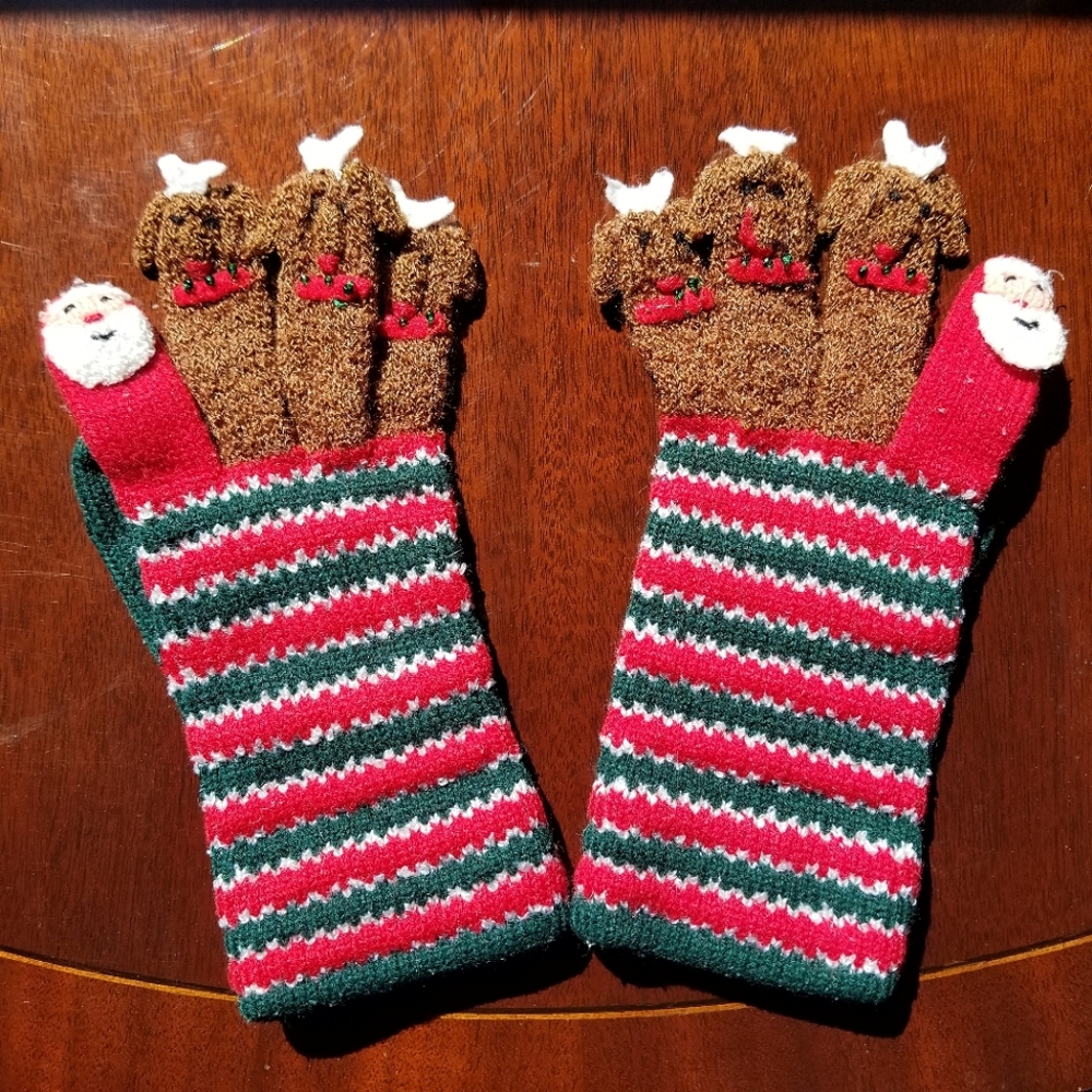 Vintage 00's Festive Reindeer and Santa Knit Gloves Mittens With Finger Puppets